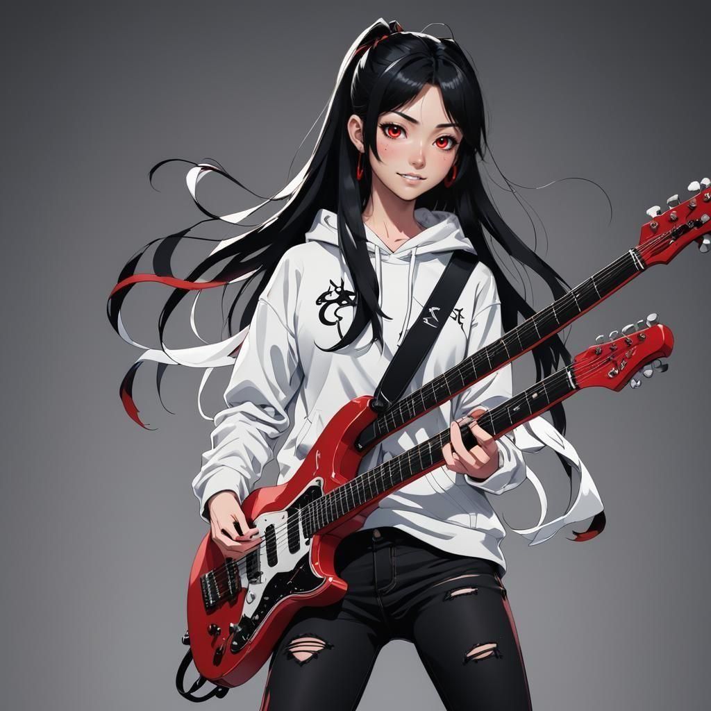 Manga Girl Plays Electric Guitar, Cel-Shaded Style
