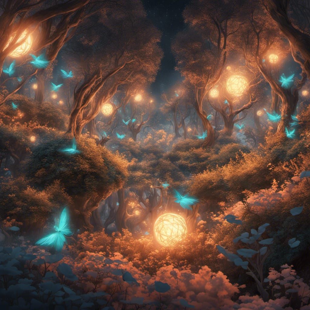 Enchanted Forest with Blue Fireflies in Teal and Evergreen
