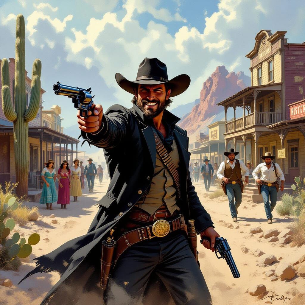 Menacing Gunfighter in Wild West Town
