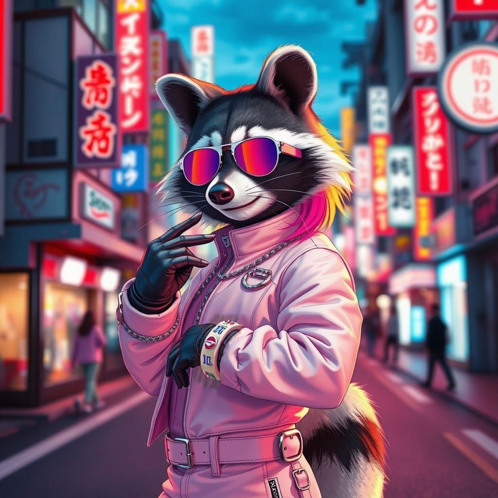 Raccoon K-Pop Idol in Tokyo, Anime Style