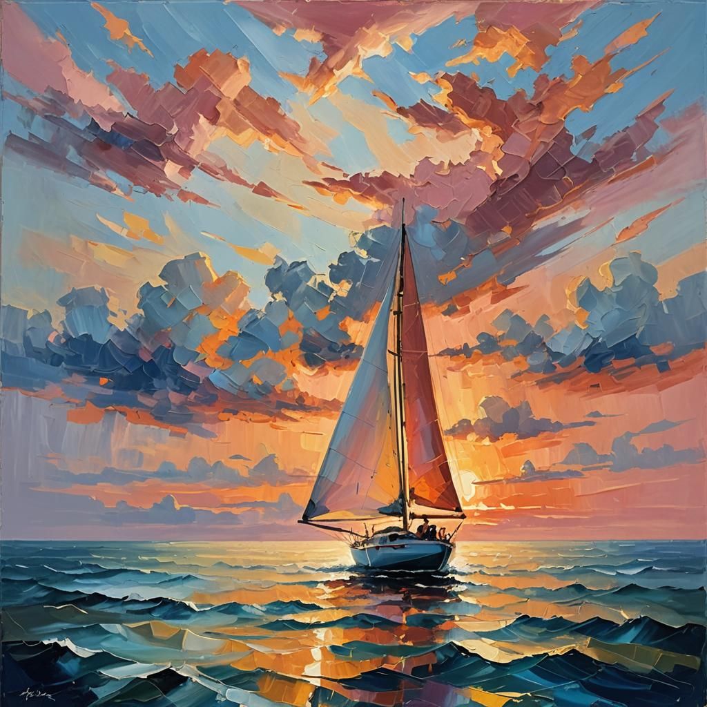 Sailboat at Sunset in Abstract Expressionist Style
