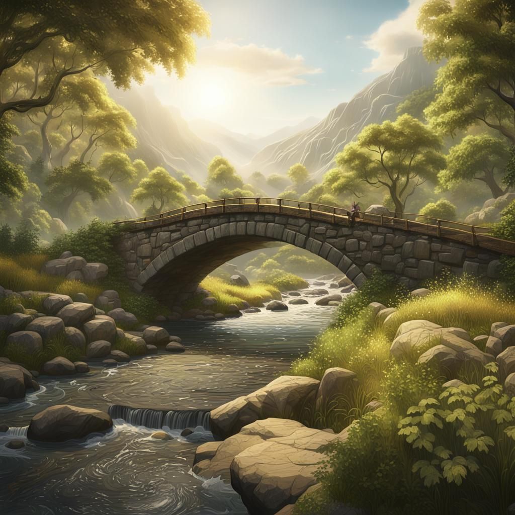 Stone Bridge Over Stream in Fantasy Landscape