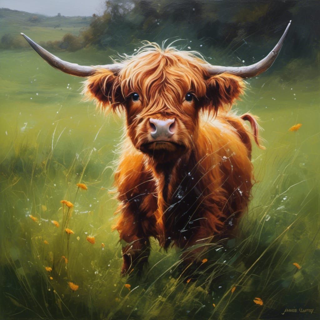Highland Calf Frolics in Dewy Meadow: Oil Painting