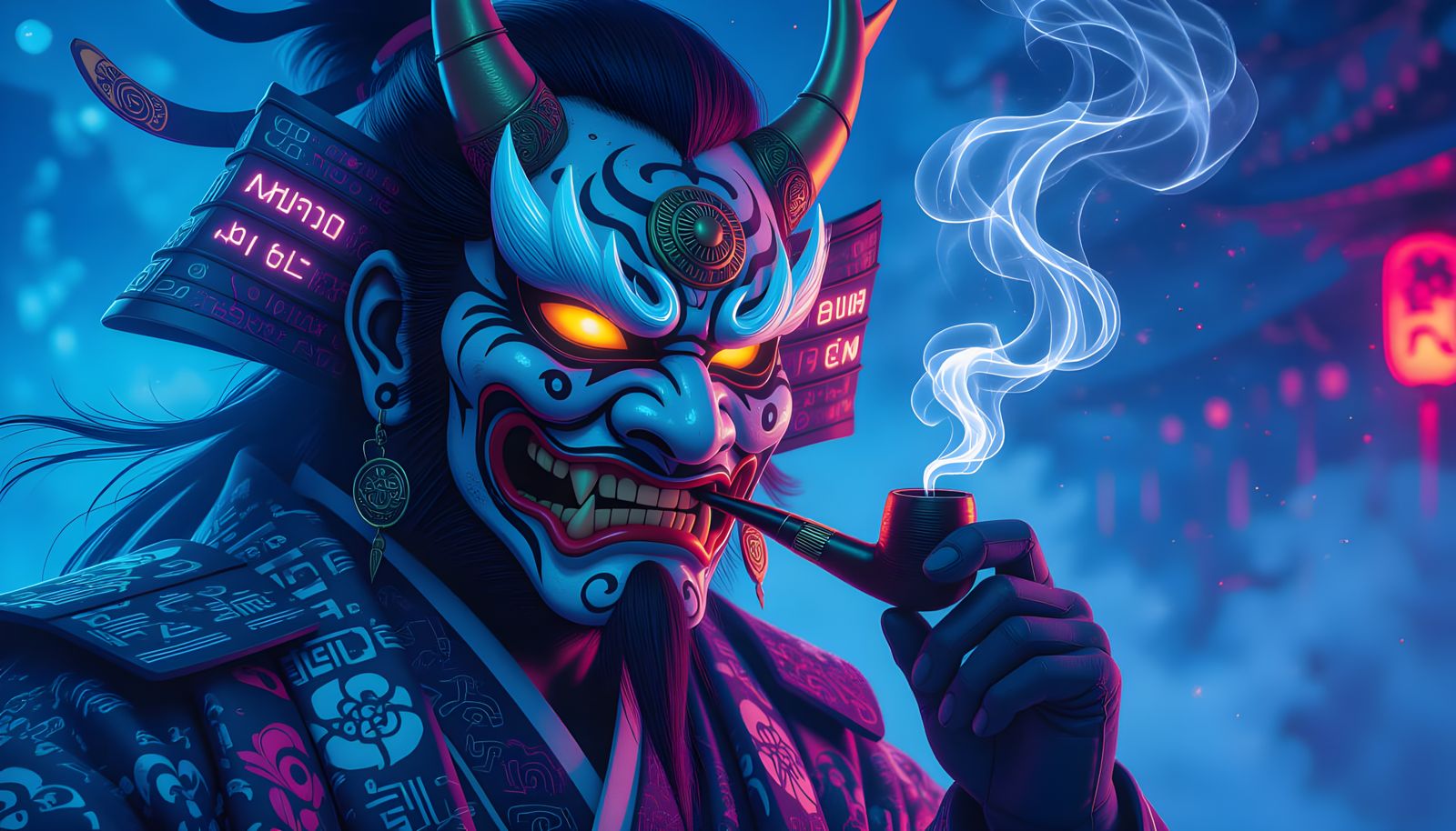 Cyberpunk Japanese Demon Smoking Pipe in Neon Synthwave Styl...
