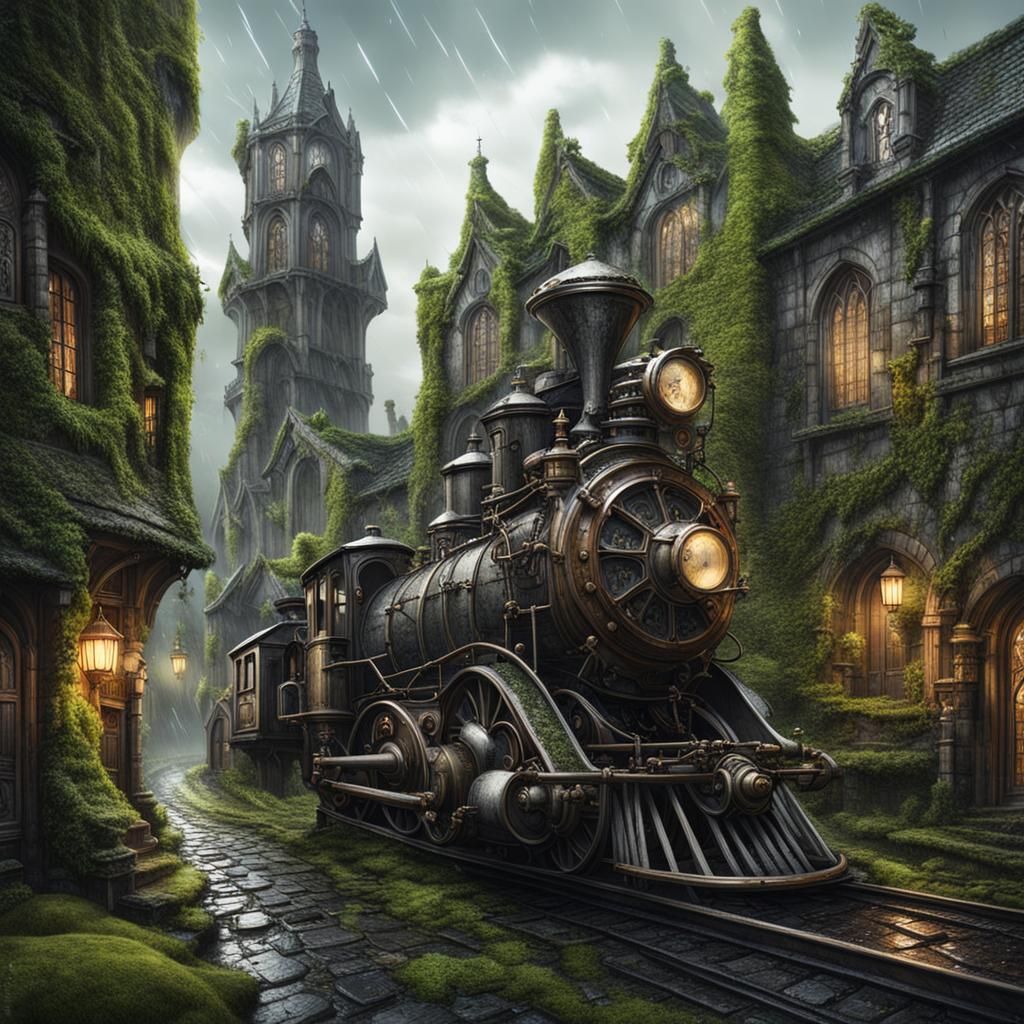 Rainy Gothic Town with Steampunk Engine