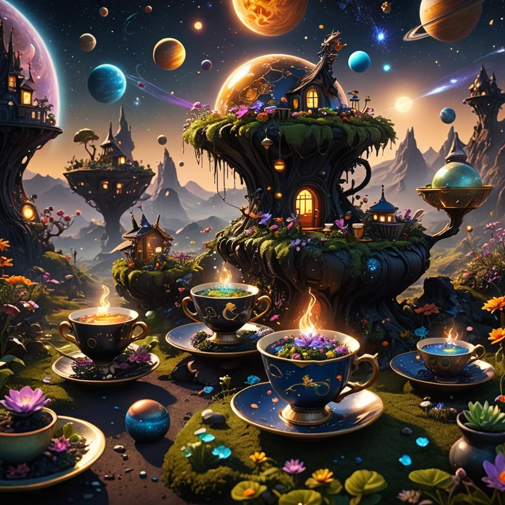 Black Fairies Tend Teacup Garden in Space
