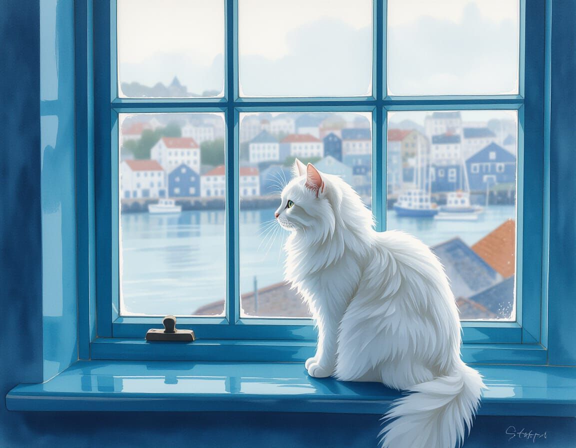 White Cat Watching Harbour in Cyanotype Style
