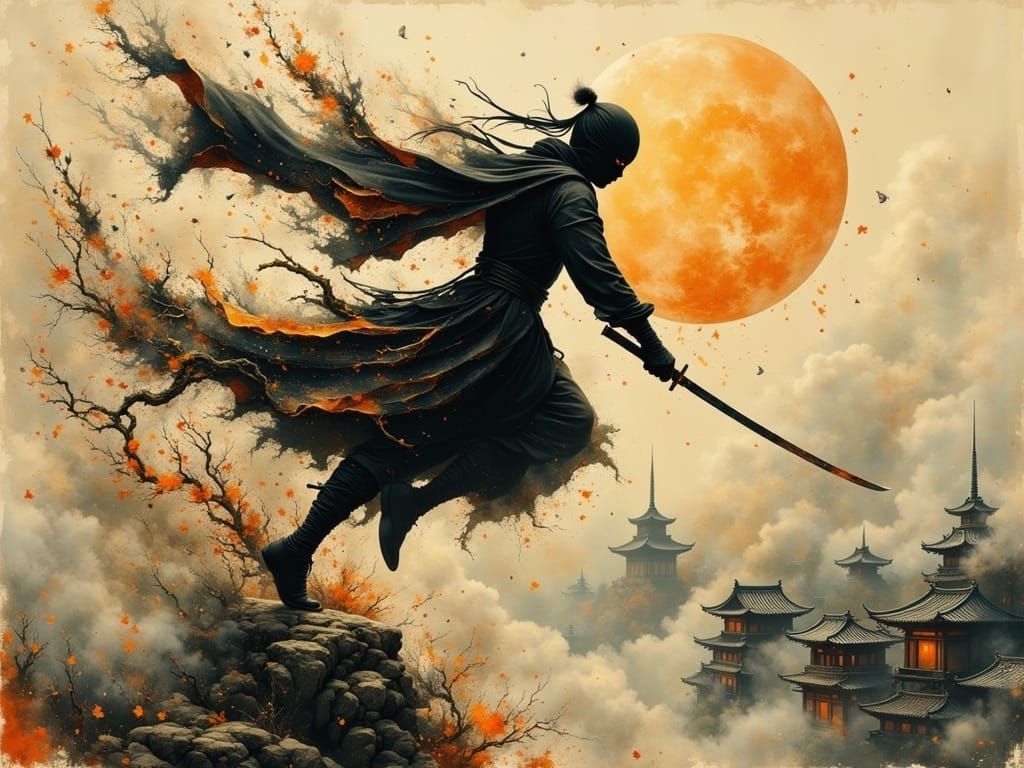 Ethereal Ninja in Mid-Leap, Swirling Ink and Shadows