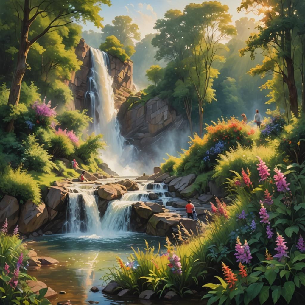 Majestic Waterfall with Bathers, Impressionist Oil Painting