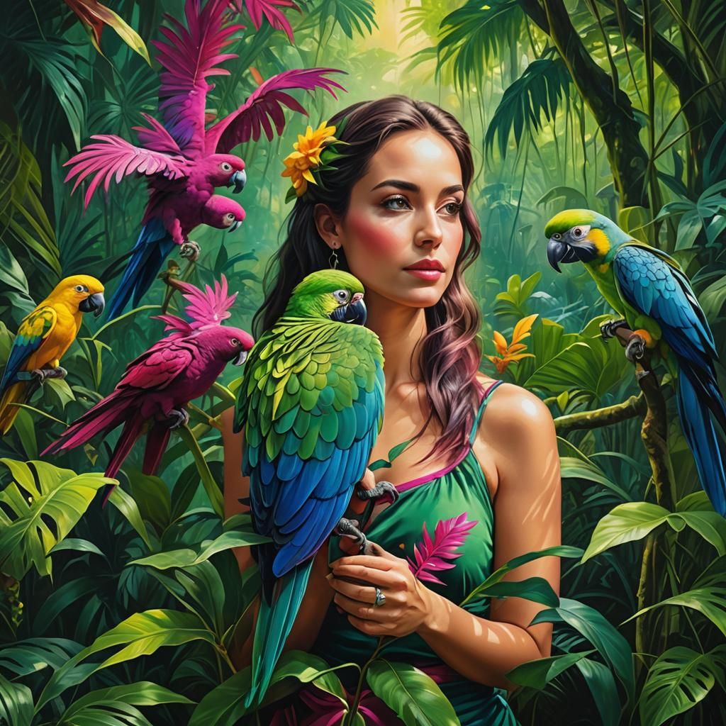 Woman with Parrot in Jungle: Airbrushed Oil Painting