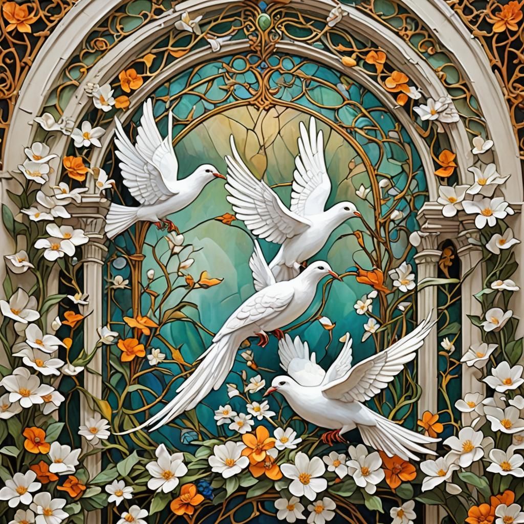 Art Nouveau Wedding Doves in Abstract Style