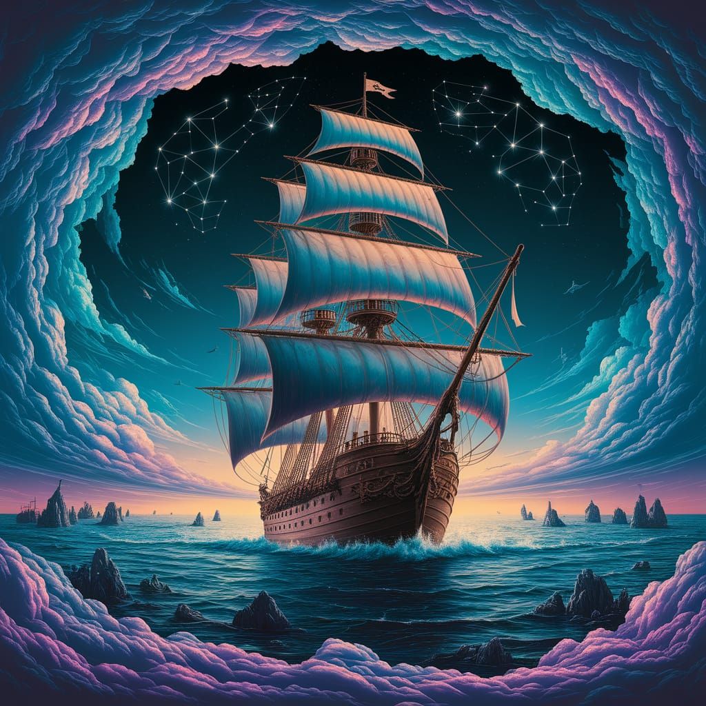Surreal Pirate Dreamscape: Ghostly Ship in Opalescent Clouds
