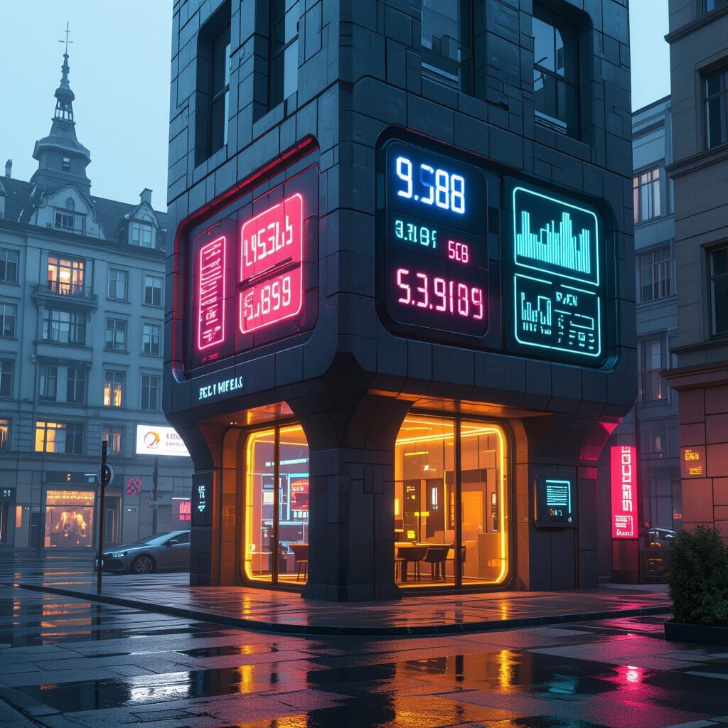 Cyberpunk Bank Building in Europe with Energy Display