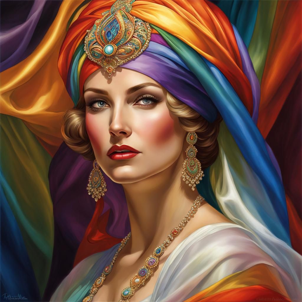 Glamorous Lady in Rainbow Headscarf: Hyperdetailed Portrait