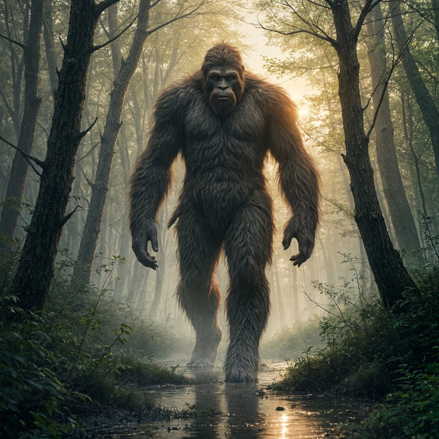 Bigfoot Walks Through Foggy Swamp at Sunrise