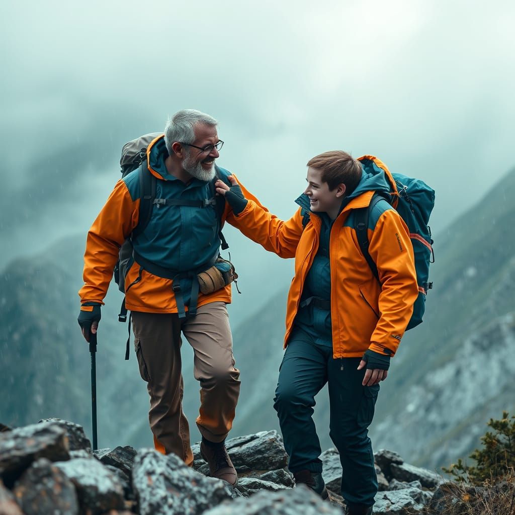 Father and Son Hiking in Misty Mountains