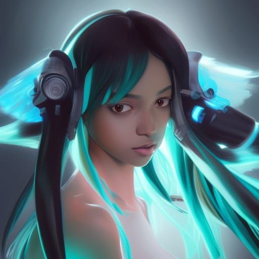 Black-Haired Hatsune Miku Portrait in Digital Art Style