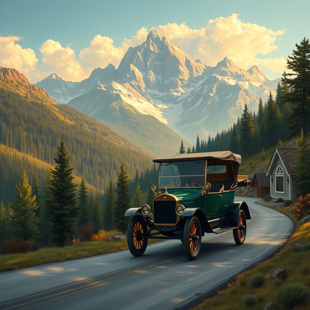 Vintage Ford on Mountain Road in Romantic Realism