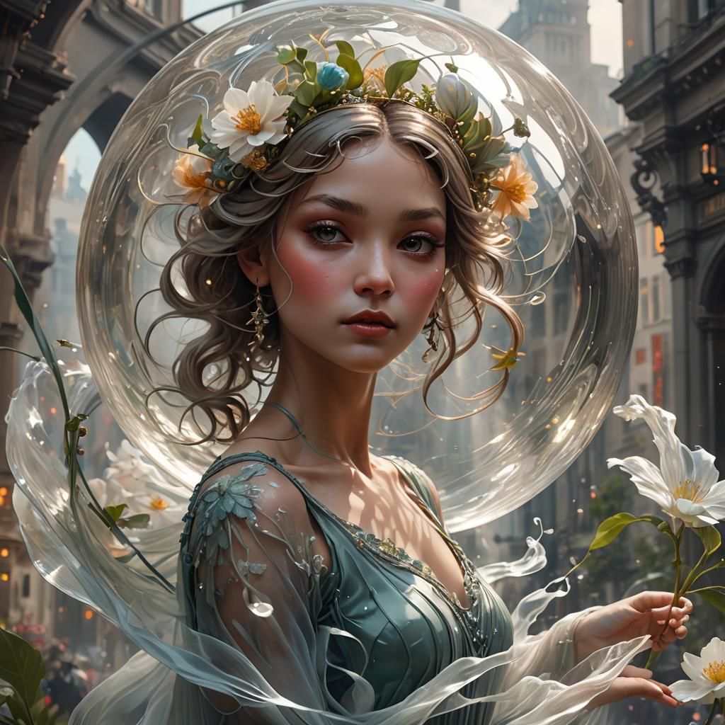 Ethereal Ballerina in Glass Globe: Spring Cityscape