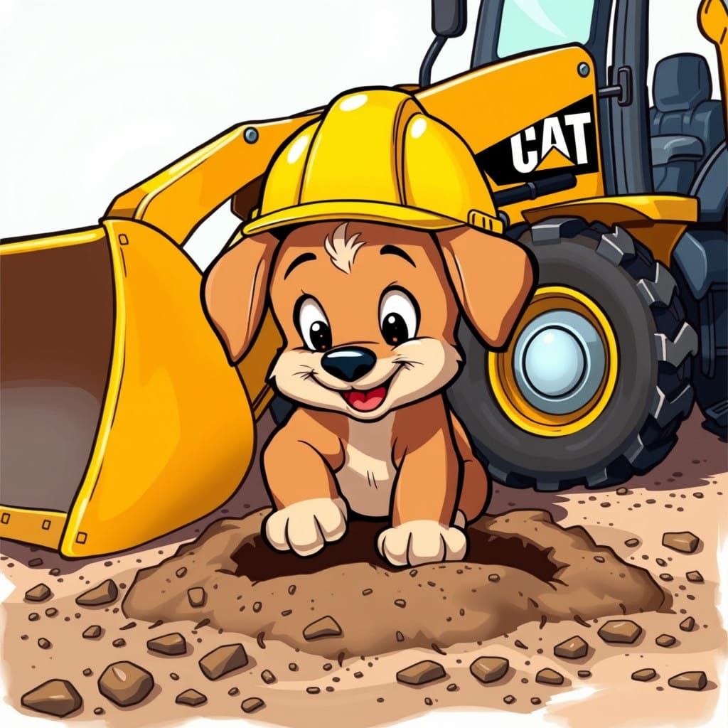 Cartoon Puppy Digs with Backhoe Loader in Sun-Kissed Scene