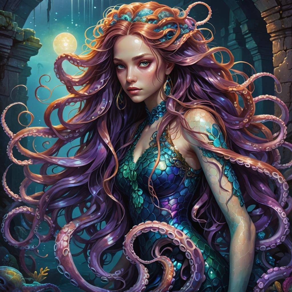 Octopus Mermaid in Submerged Ruins: Fantasy Illustration