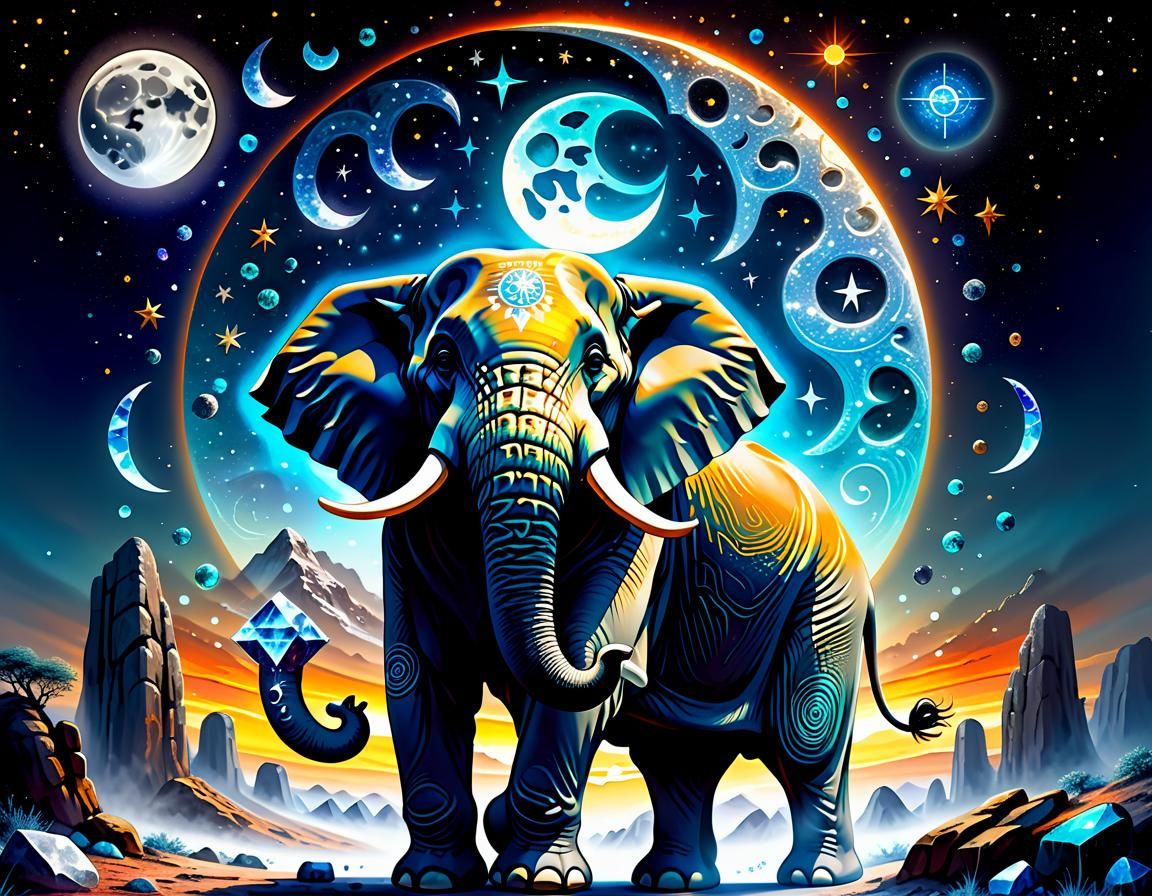 Druid with Elephants Under a Celestial Runed Sky