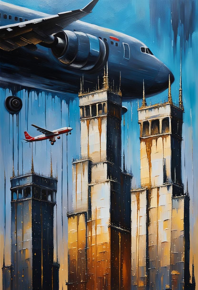 Oiled Towers and Plane as Impasto Oil Painting