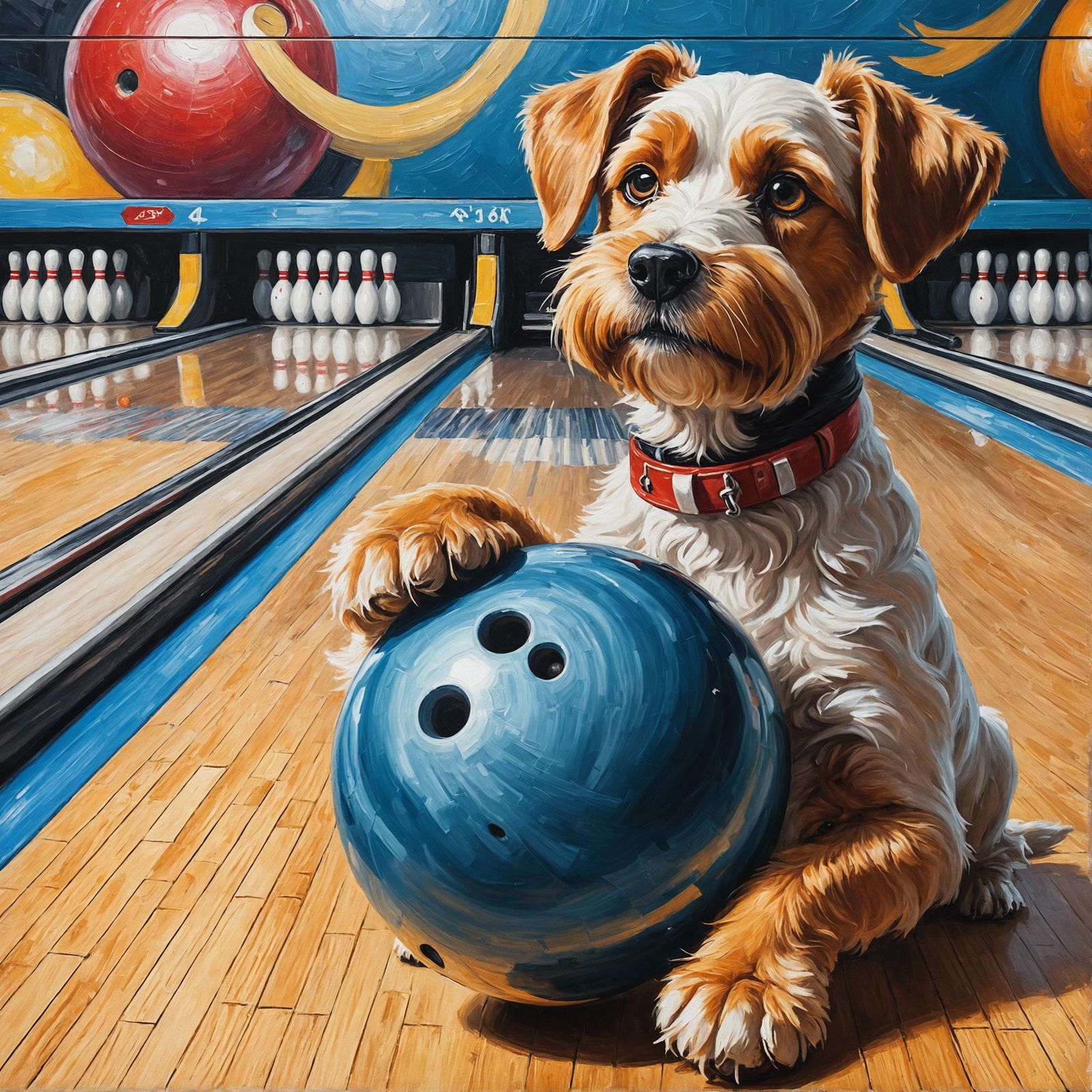 Animated Dog Bowling in Oil Painting Style
