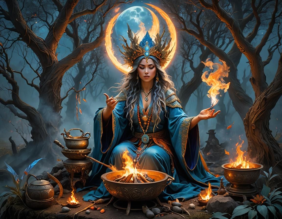 Mystical Healer Woman Chanting Under the Moon