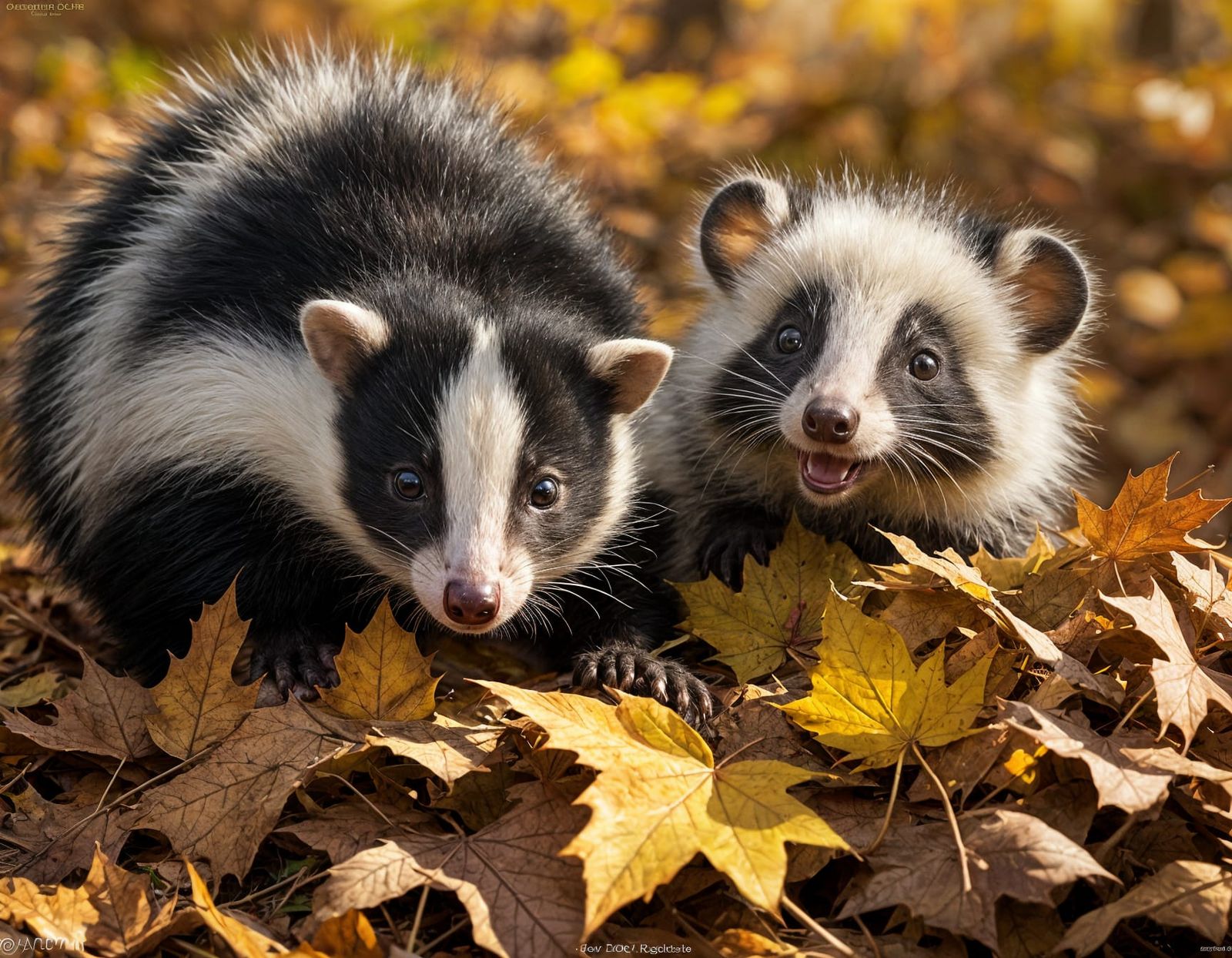 Skunk and Opossum Joey Play in Autumn Leaves