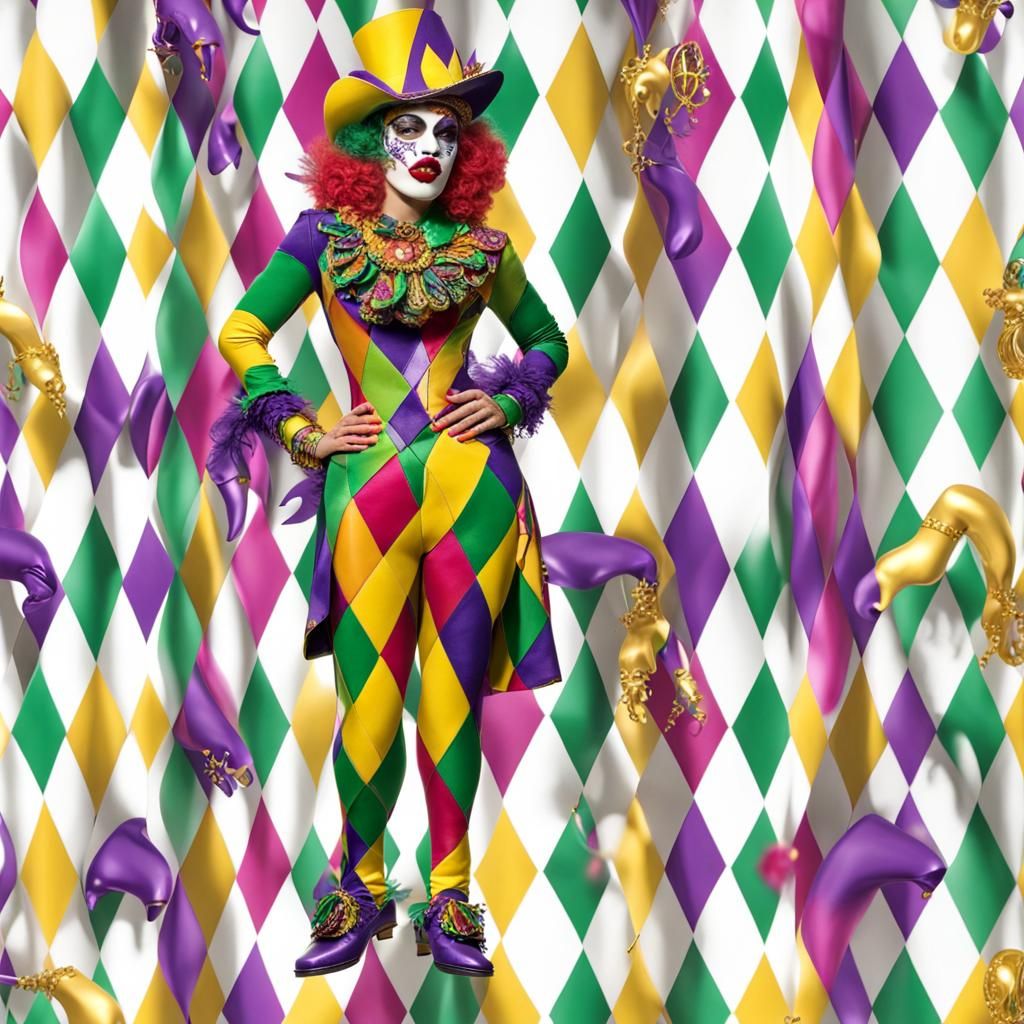 Colorful Mardi Gras harlequin, standing full body white background