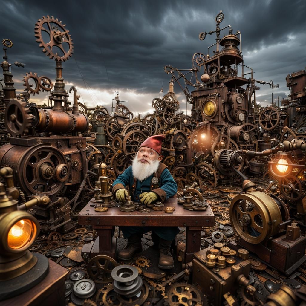 Steampunk Gnome Tinkering in a Junkyard