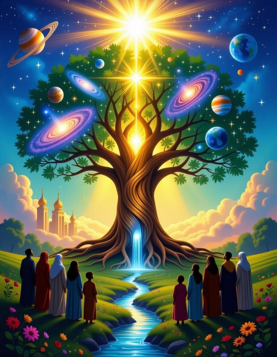 Cosmic Tree of Life Illustration with Divine Light
