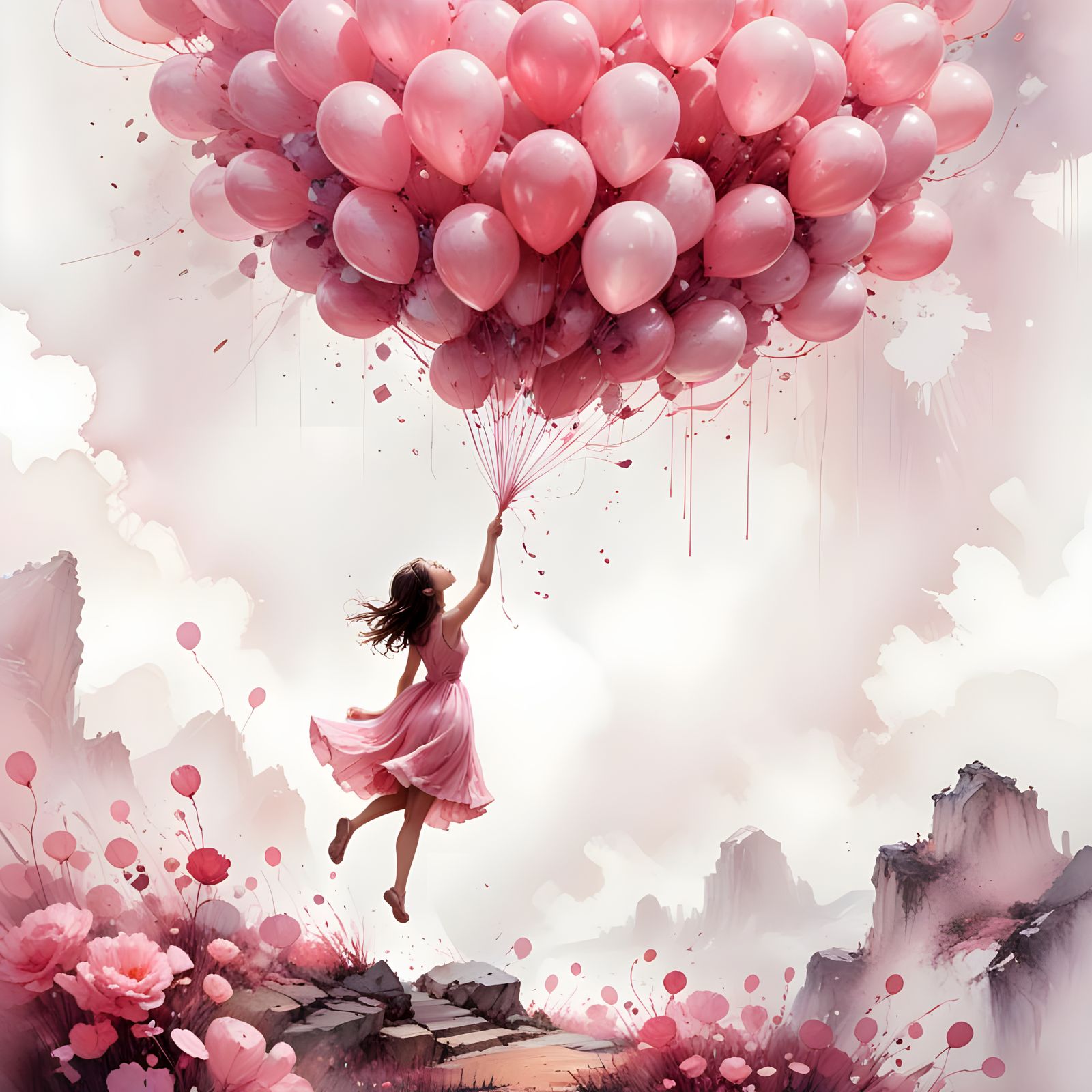 Girl Ascending with Balloons in Alcohol Inks Style