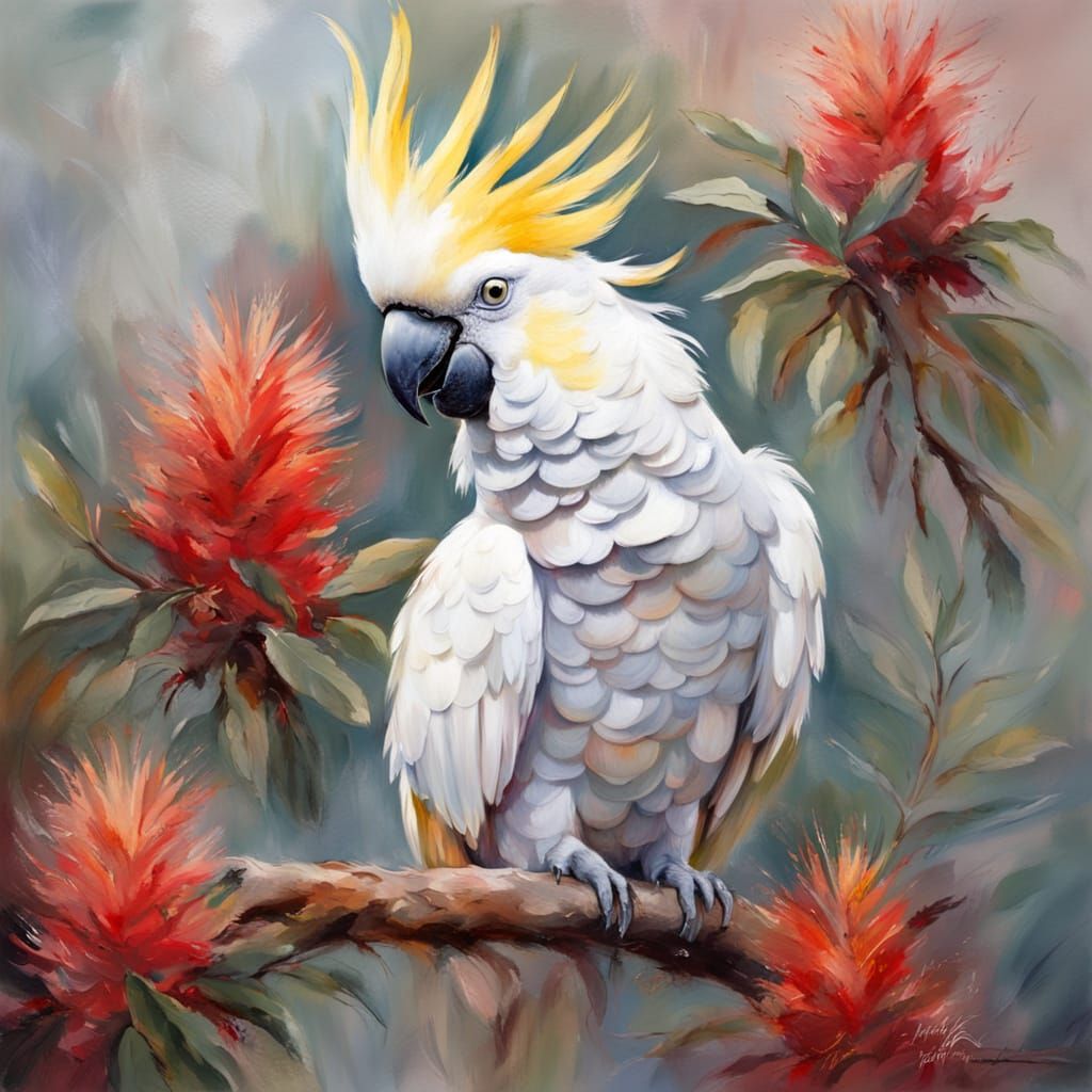 Sulphur Crested Cockatoo in Impressionistic Oil Painting Sty...