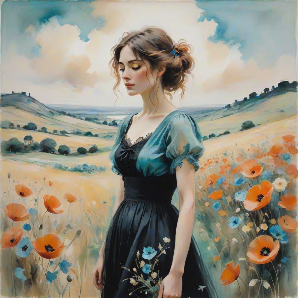 Gentle Girl with Vibrant Poppies in Soft Watercolour Landsca...