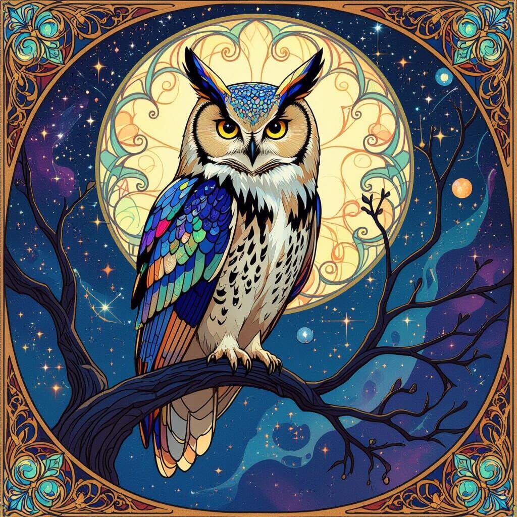 Majestic Owl in Bioluminescent Cosmic Forest