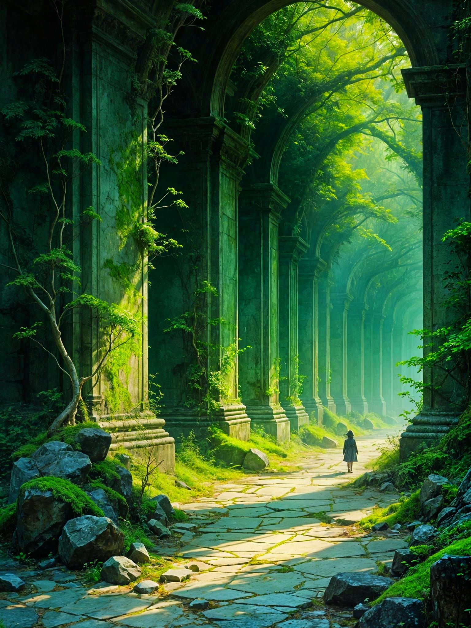 Enchanted Forest Colonnade with Mossy Pillars