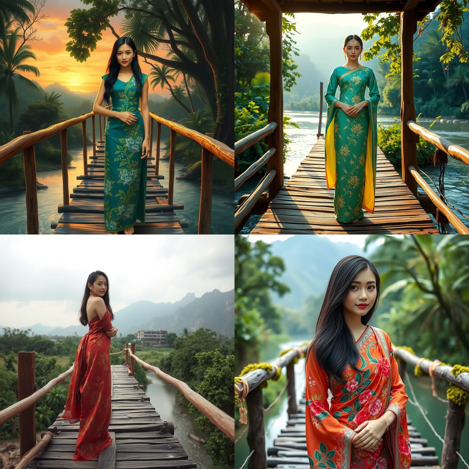 Thai Woman in Silk Dress on River Bridge
