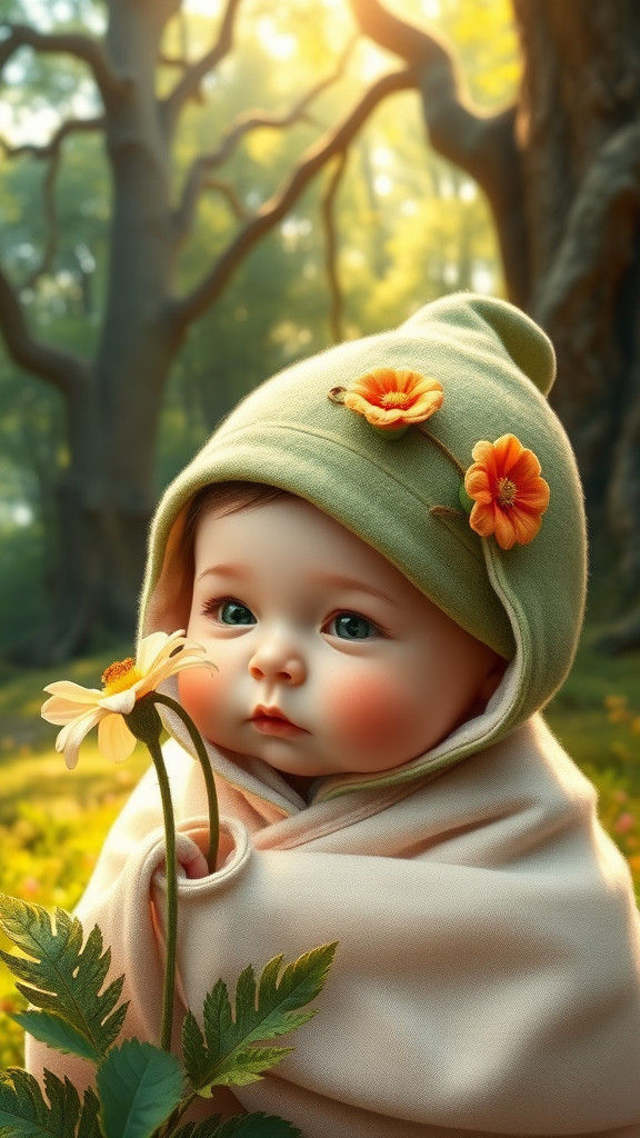 Baby in Bashful Costume Hiding in Forest Glade