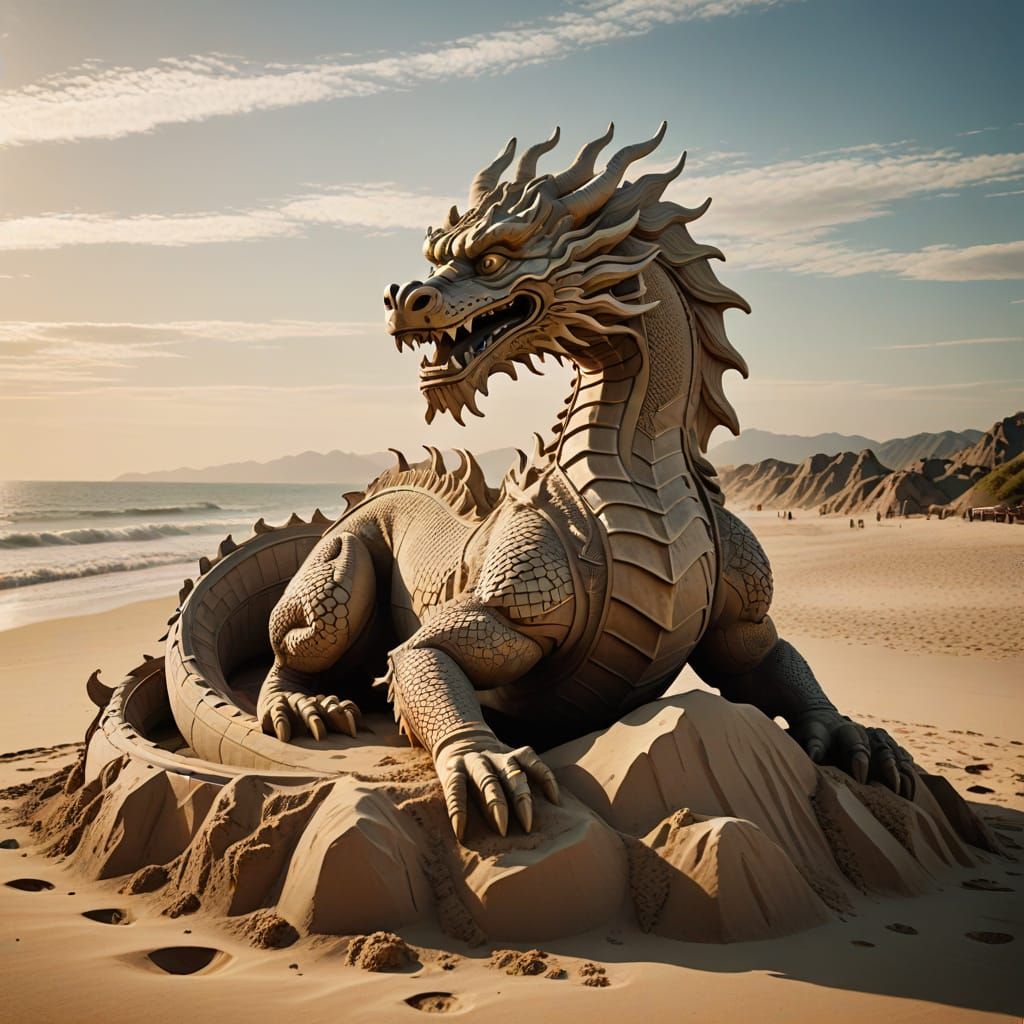 Epic Chinese Dragon Sand Sculpture on Tranquil Beach at Suns...