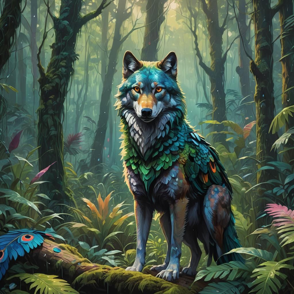 Wolf and Peacock Hybrid in Rainforest, Oil Painting