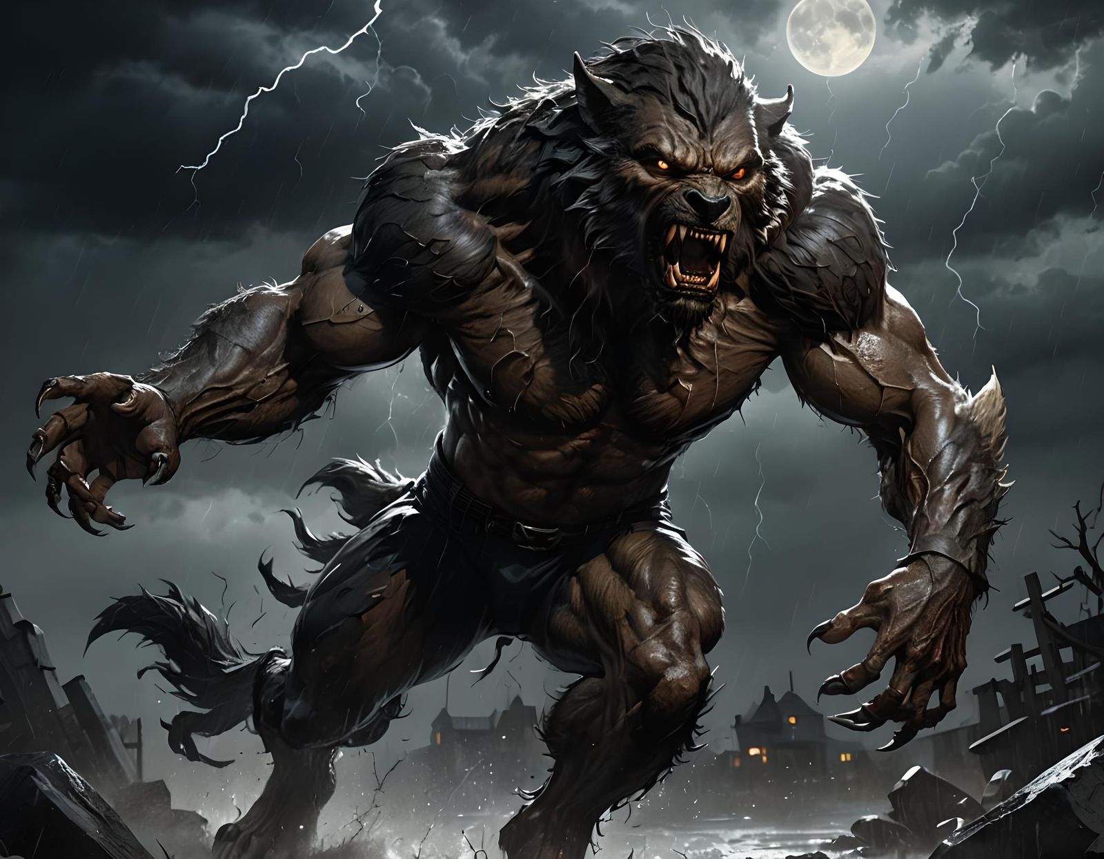 Muscular Werewolf in Action Pose with Dynamic Lighting