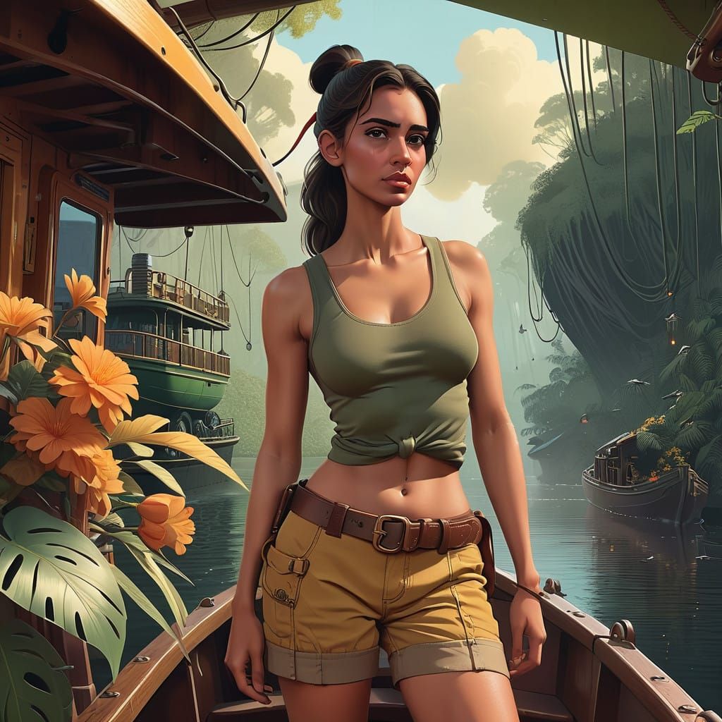 Confident Arabian Woman on Vintage Jungle Cruise Boat