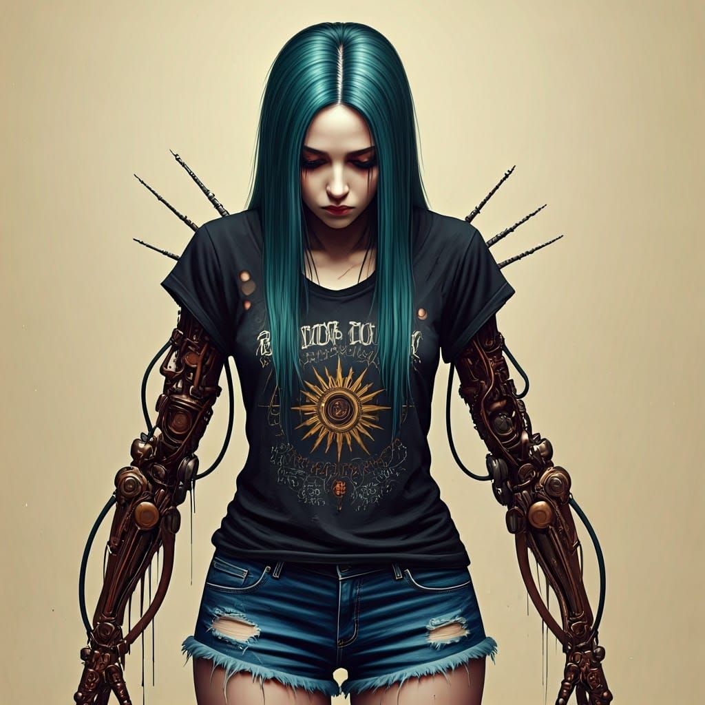 Cyberpunk Cyborg with Biomechanical Body and Teal Hair