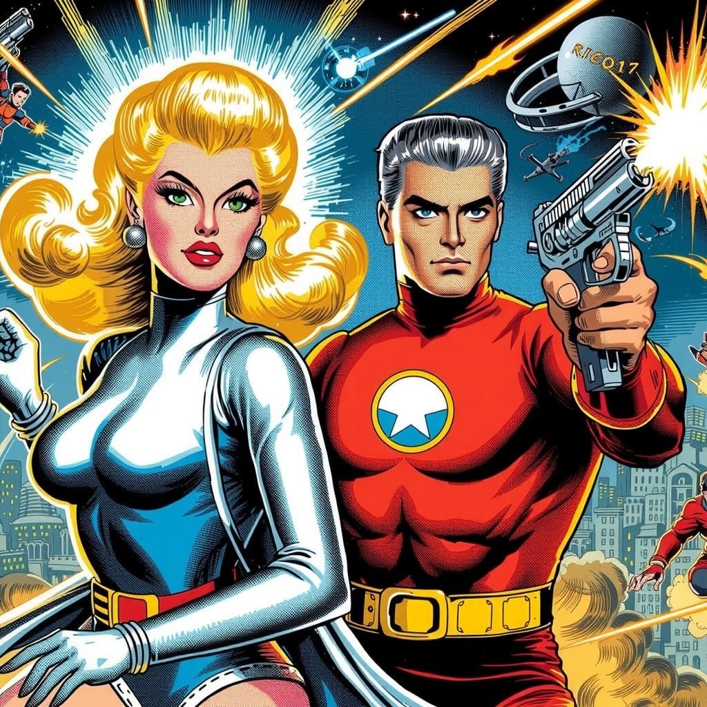 Classic Sci-Fi Superhero Duo in Pulp Novel Style