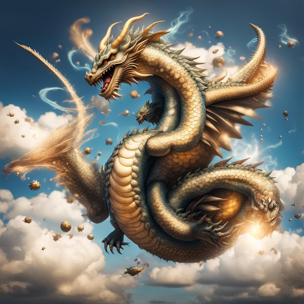 Golden Dragon Joyfully Floating, Hyperrealistic