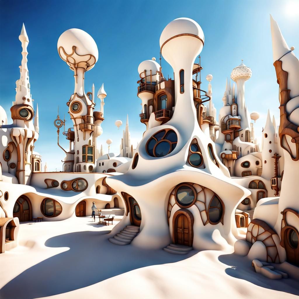 Gaudi Style Steampunk City in White Desert