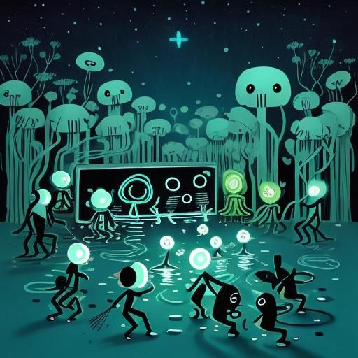 Bioluminescent Stick Figures Dancing in Graffiti Style