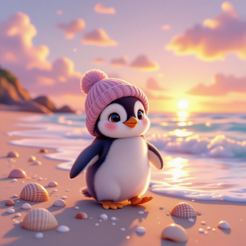 Penguin in Knitted Hat on Golden Beach